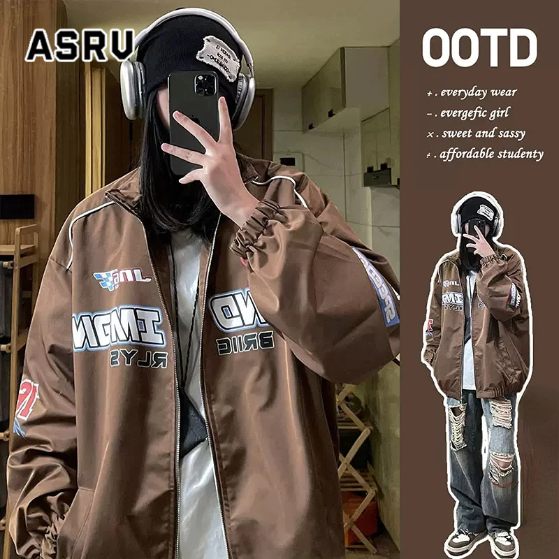 Asrv เสื้อแจ็กเก็ตลําลอง คอปก ทรงหลวม กันน้ํา กันลม พิมพ์ลายตัวอักษร สไตล์อเมริกัน แฟชั่นฤดูใบไม้ร่วง