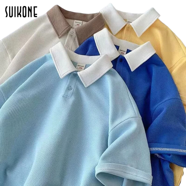 Suikone ใหม่ เสื้อยืดลําลอง แขนสั้น คอปกพับ ทรงหลวม คุณภาพสูง แฟชั่นฤดูร้อน สไตล์อเมริกัน เรโทร แนวสปอร์ต