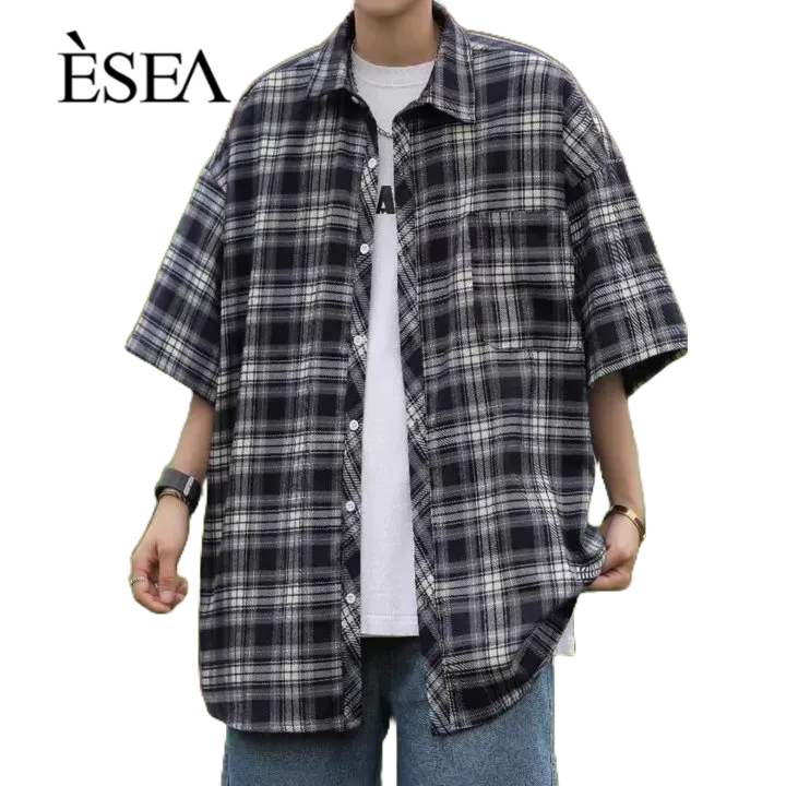 Esea เสื้อเชิ้ตแขนสั้น พิมพ์ลาย ลายสก๊อต สไตล์ยุโรป และอเมริกา ยอดนิยม สตรีท แฟชั่นสําหรับผู้ชาย