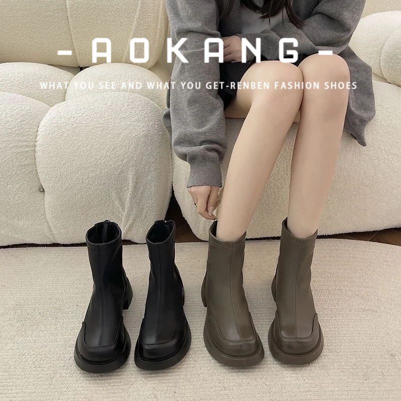 Aokang British Retro Martin Boots Womens New European and American Soft Leather Short Boots ง่ายต่อการจับคู่กับ Soft Sole Elastic Slim Boots