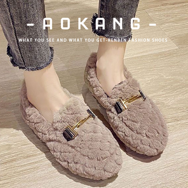 Aokang รองเท้าส้นแบนผู้หญิงฤดูใบไม้ร่วงและฤดูหนาวสวมใส่รองเท้าผ้าฝ้ายบ้านที่อบอุ่นและกันลื่นใหม่
