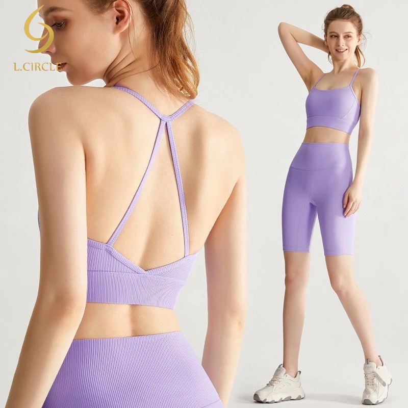 L.CIRCLEชุดกีฬาโยคะสปอร์ตบราจั๊มและกางเกงวิ่งสั้นเอวสูง