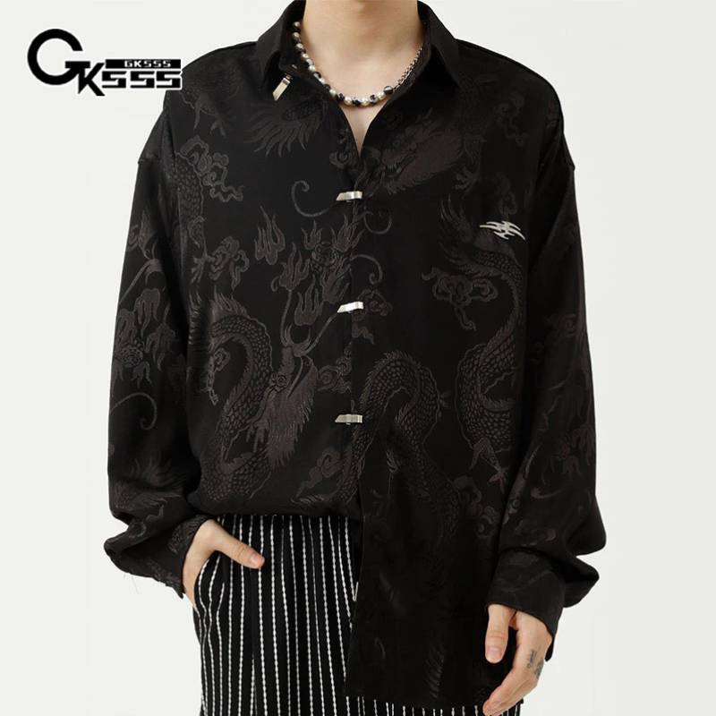 GKSSS เสื้อแขนยาว ผ้าแจ็คคาร์ด ทรงหลวม ลายมังกร สไตล์จีน สีพื้น ทันสมัย สําหรับผู้ชาย