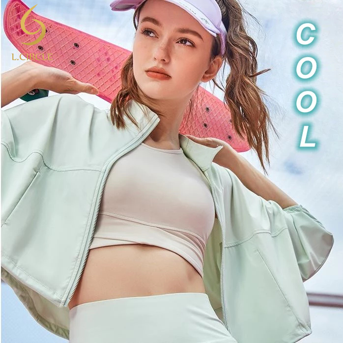 L.CIRCLESports Jacket Crop Top Sun Protection Cool Fabric Zip ปรับเอวออกกําลังกาย