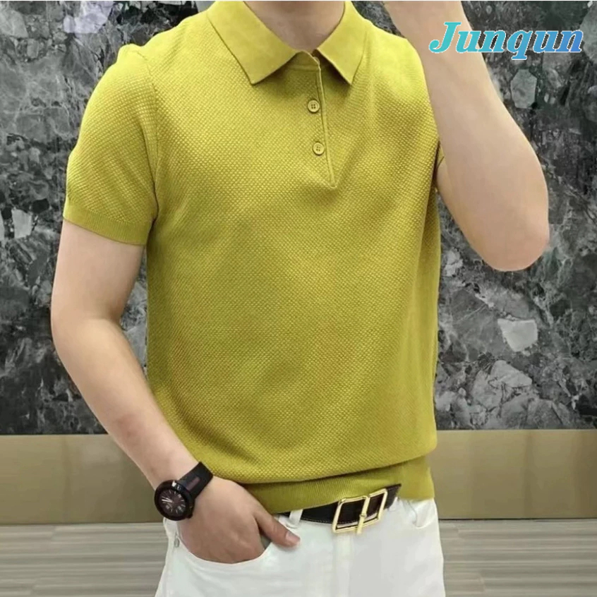 Junqun เสื้อโปโลแขนสั้น ทรงเข้ารูป เสื้อโปโลคอปก ลำลองแบบเรียบง่าย สีพื้น เสื้อโปโลผู้ชาย VP03