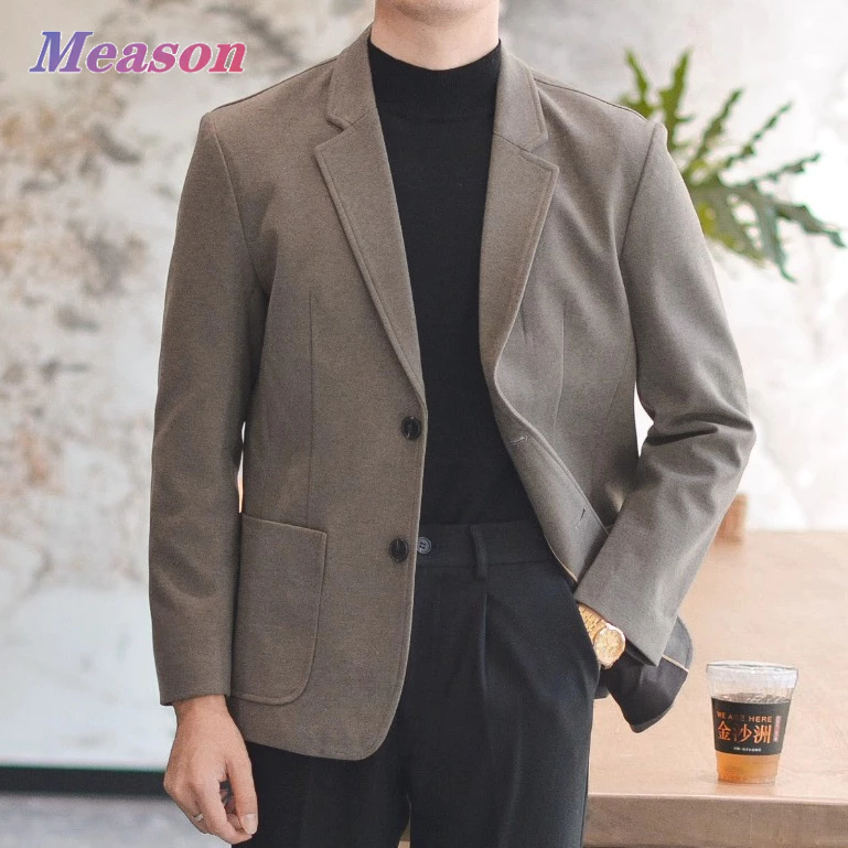 Meason blazer ผู้ชาย 2 กระดุม ลำลองและหลวมๆ หนา ขนสัตว์ เทาเข้ม ดำ น้ำตาล M-3XL A333