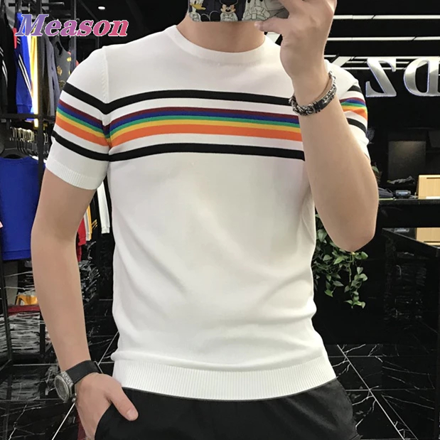 Meason cool T-Shirt™เสื้อยืดป้องกันเหงื่อและกลิ่น ผ้าถักยืดหยุ่น สีขาว สีดำ [ลายทาง เสื้อยืด] A49