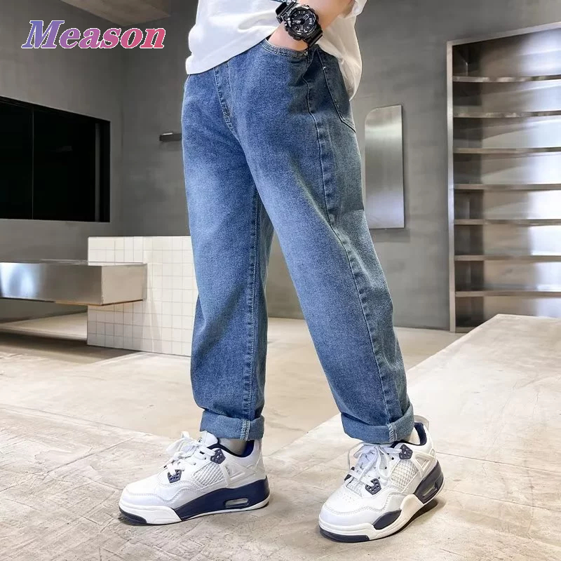 Meason กางเกงยีนส์เด็กชาย ผ้ายีนส์ยืด ใส่สบาย ไม่ซีดจาง เหมาะสม 4-15 ปี สีฟ้า สีดำ 120-170cm A13