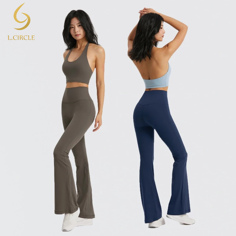 L.CIRCLE Yoga Setwear บราคล้องคอแฟชั่นสตรีและกางเกงโยคะบานฟรีไซส์
