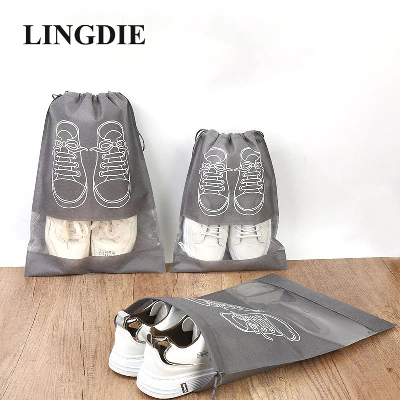Lingdie ถุงเก็บรองเท้า แบบไม่ทอ ใส กันฝุ่น กันสิ่งสกปรก เชือกดึง เสื้อผ้าเดินทาง ระบายอากาศ ถุงปากมัด