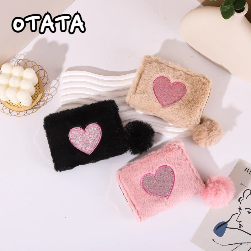 Otata กระเป๋าสตางค์ ใบสั้น ผ้ากํามะหยี่ขนนิ่ม ปักลายหัวใจ น่ารัก เข้ากับทุกการแต่งกาย