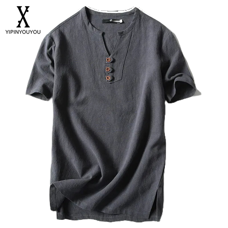 YIPINYOUYOU เสื้อยืดลําลอง ผ้าลินิน ทรงหลวม ระบายอากาศได้ดี สวมใส่สบาย สําหรับผู้ชาย