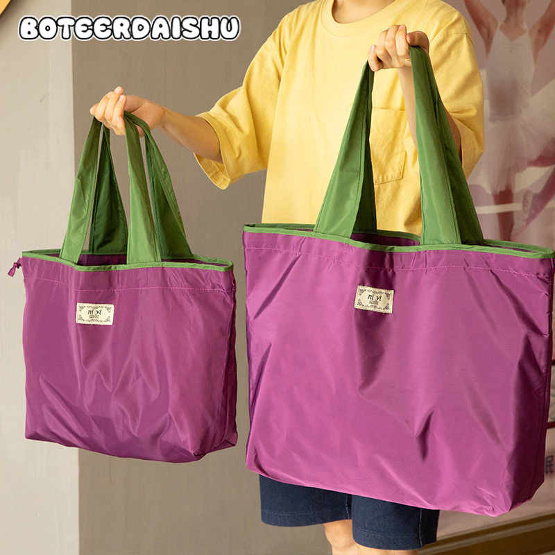 BOTEERDAISHU กระเป๋าช้อปปิ้งซูเปอร์มาร์เก็ต แบบหูรูด ขนาดใหญ่ เป็นมิตรกับสิ่งแวดล้อม พับได้ พกพาง่าย กันน้ํา สําหรับชอปปิ้งของชํา