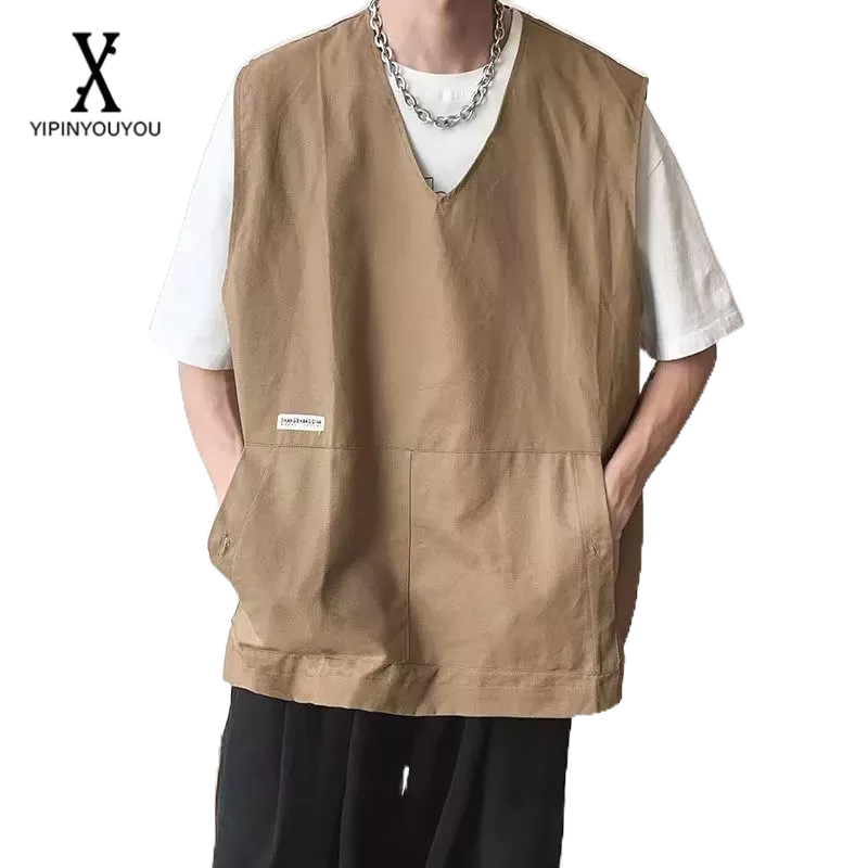 YIPINYOUYOU  เสื้อกั๊ก คอวี ทรงหลวม สไตล์ญี่ปุ่น แฟชั่นฤดูใบไม้ผลิ และฤดูร้อน สําหรับผู้ชาย