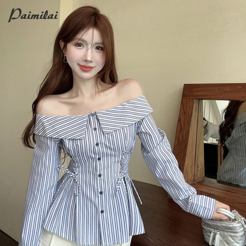 PAIMILAI ขายดี เสื้อเชิ้ต คอปก เข้ารูป ลายทาง สําหรับผู้หญิง