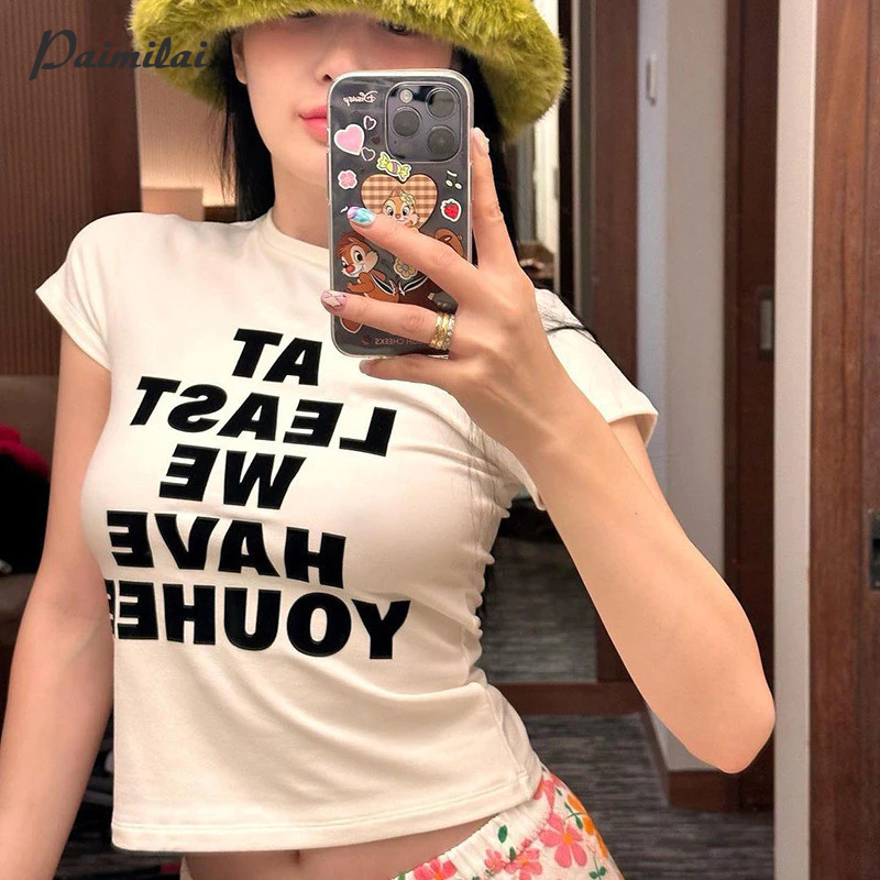 PAIMILAI ขายดี เสื้อยืดแขนสั้น เอวสูง โชว์สะดือ สําหรับผู้หญิง