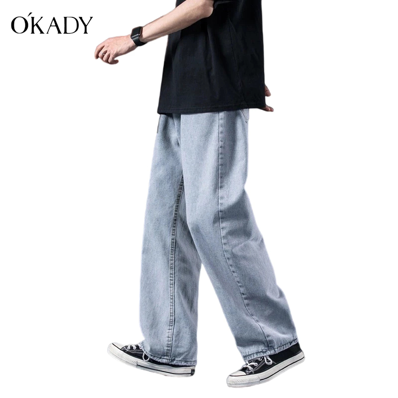 OKADY มีสินค้า กางเกงยีนส์ผู้ชายแฟชั่นเกาหลีทรงหลวมสีทึบ