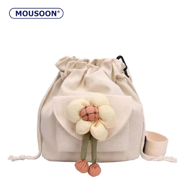 Mousoon กระเป๋าสะพายข้างผู้หญิงเกาหลีอเนกประสงค์ Instagram ทอผ้าใบมินิ Drawstring Bucket ญี่ปุ่นดอกไม้กระเป๋าสะพายน่ารัก