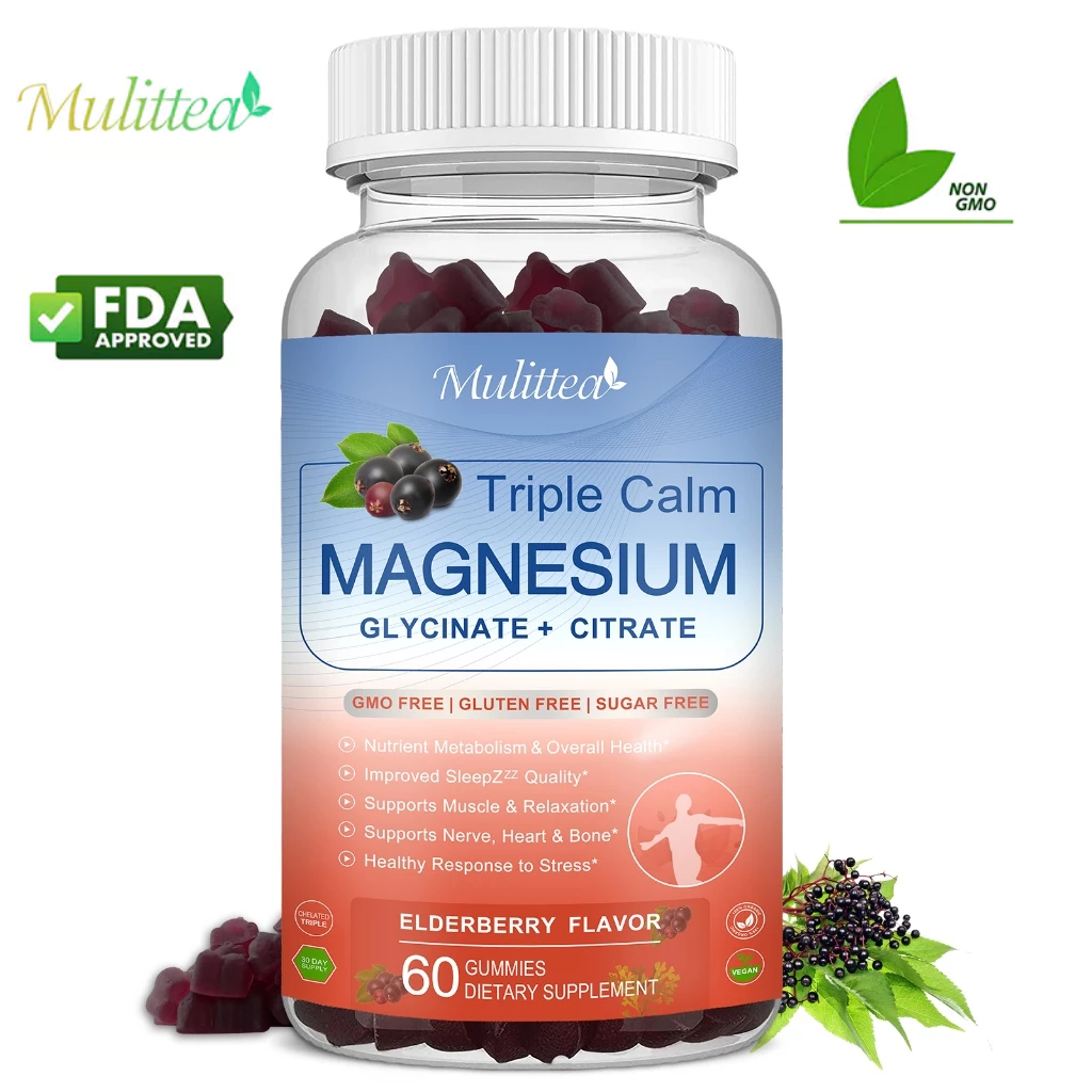 Mulittea Triple Calm Magnesium + Glycinate + Citrate Gummies ความสงบสามเท่า แมกนีเซียม + ไกลซิเนต + ซิเตรตกัมมี่ ความสงบตามธรรมชาติสำหรับการจัดการการเผาผลาญ การนอนหลับ อารมณ์ กล้ามเนื้อ สุขภาพทางเดินอาหาร
