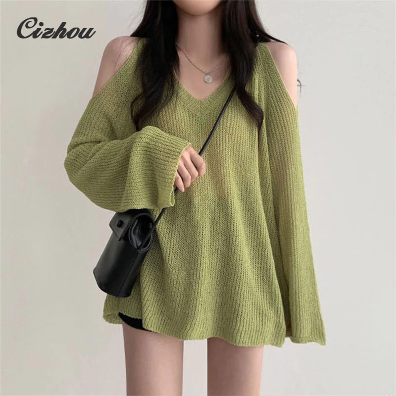 Cizhou เสื้อกันหนาว เปิดไหล่ ลายทาง สไตล์เกาหลี