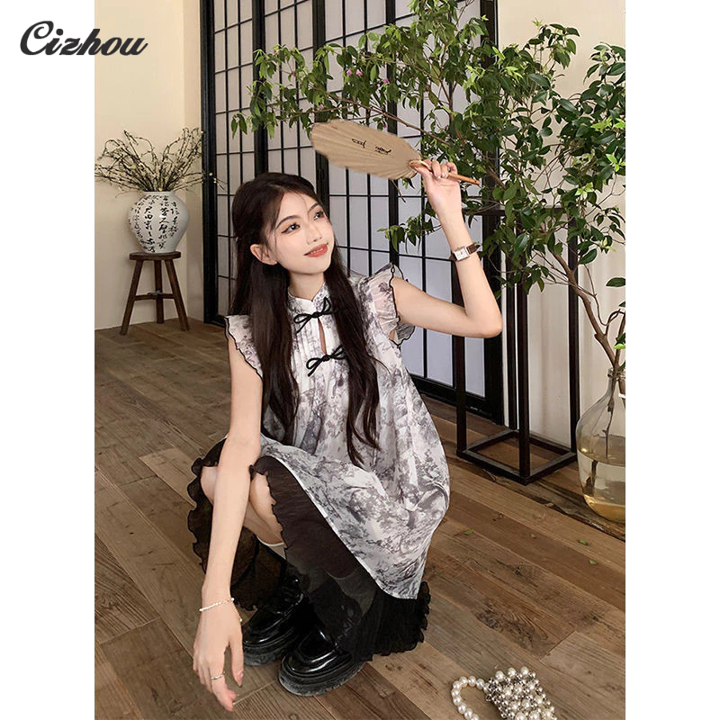 Cizhou ใหม่ ชุดเดรสกระโปรง ทรงเอ แขนบิน ขนาดเล็ก สไตล์จีน สําหรับสตรี