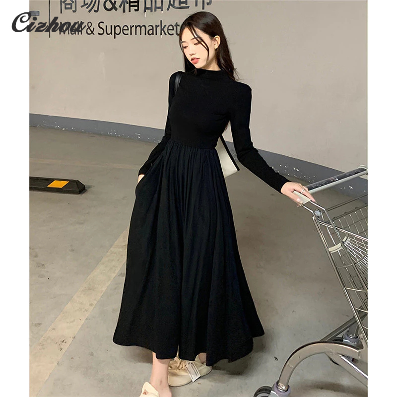 Cizhou ชุดเดรสแขนยาว คอเต่า เข้ารูป สีดํา