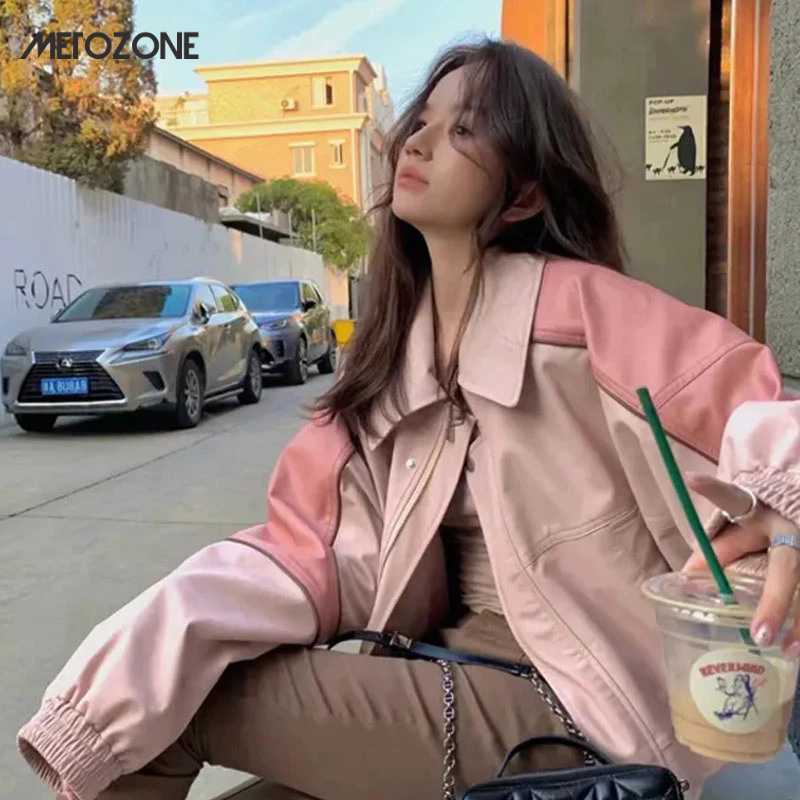 Metozone เสื้อแจ็กเก็ตหนัง pu ตัวสั้น สีชมพู สไตล์อเมริกัน สําหรับขี่รถจักรยานยนต์