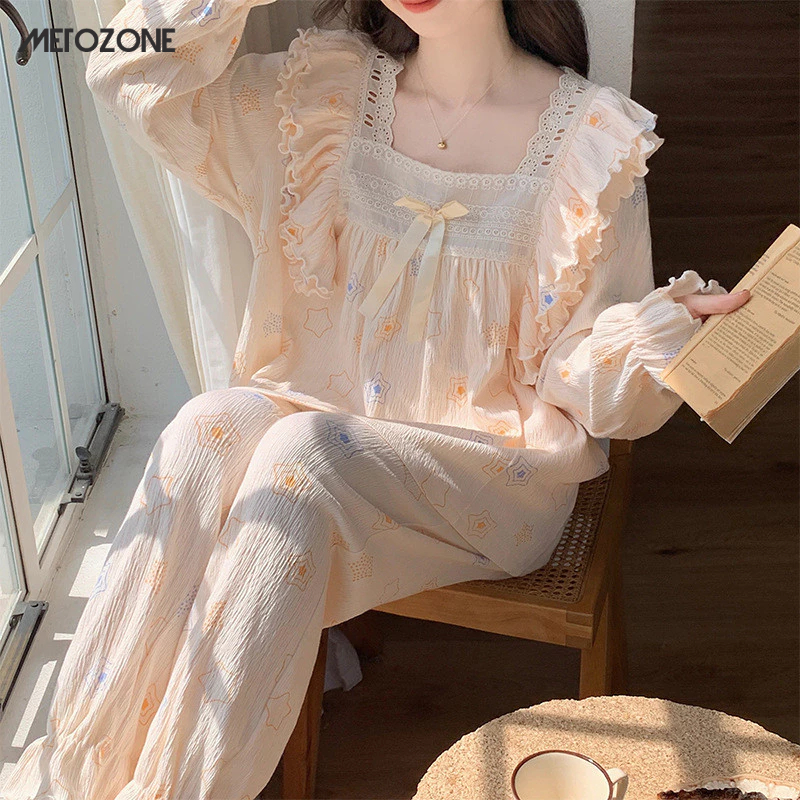 Metozone ชุดนอนแขนยาว ผ้าฝ้าย แต่งลูกไม้ สไตล์เจ้าหญิงน่ารัก สําหรับบ้าน