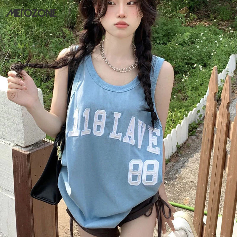 Metozone เสื้อยืดแขนกุด พิมพ์ลายตัวอักษร ทรงหลวม สไตล์อเมริกัน สําหรับผู้หญิง