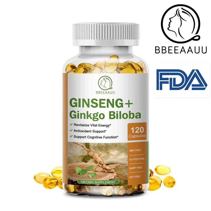 【BBEEAAUU】 GINSENG-5000mg + Ginkgo-1000mg Bilob,กิงโกะ กิงโกะ โสมสกัด ต่อต้านอนุมูลอิสระ, ช่วยต่อสู้กับการอักเสบ, ช่วยการไหลเวียนโลหิต, รองรับการทํางานของสมองที่แข็งแรง, สําหรับผู้ชาย และผู้หญิง