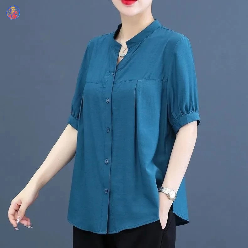 เวอร์ชั่นเกาหลีชีฟองเสื้อเชิ้ตแขนสั้นขนาดใหญ่ฤดูร้อนสไตล์ใหม่แฟชั่นที่เรียบง่ายหลวมสบายๆอารมณ์แม่สวมใส่สุภาพสตรียืน @