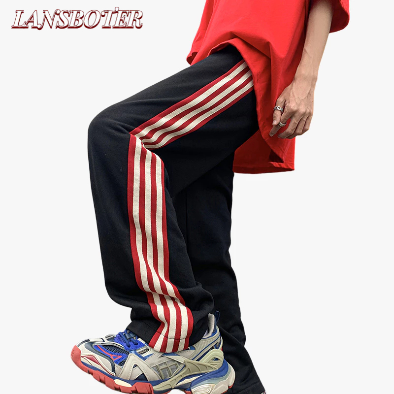 LANSBOTER กางเกงวอร์มขาตรง ทรงหลวม สามแถบ บล็อกสี แนวสตรีท สไตล์อเมริกัน ย้อนยุค ฤดูใบไม้ผลิ และฤดูใบไม้ร่วง สําหรับผู้ชาย