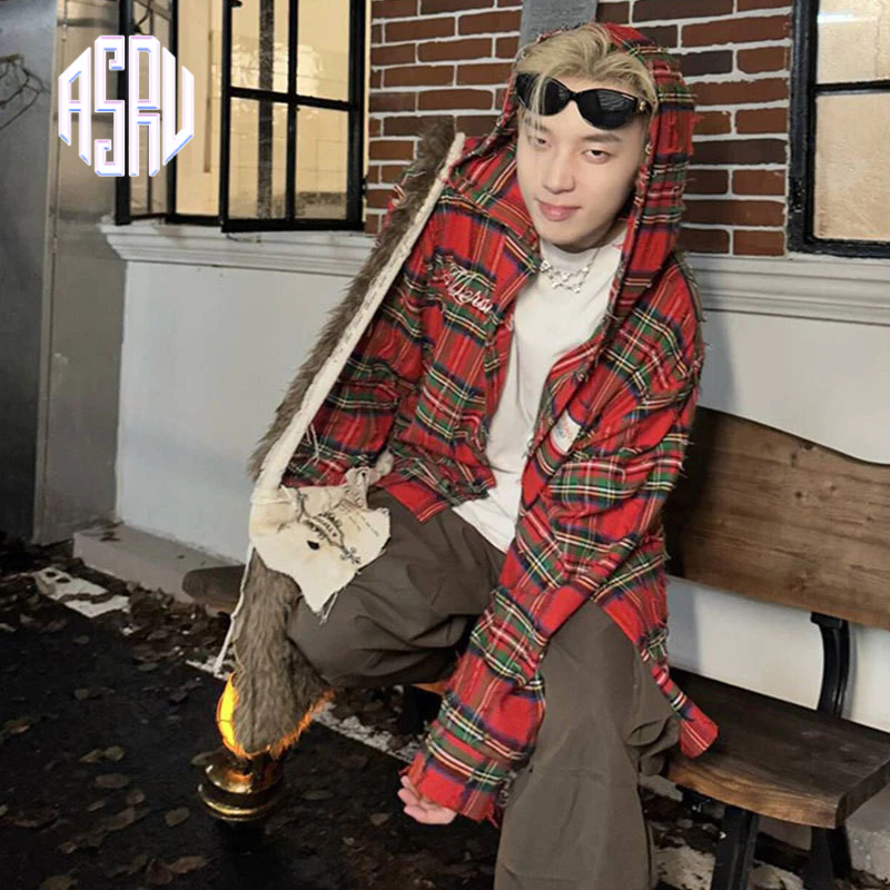 Asrv เสื้อเชิ้ตแขนยาว แบบบาง ลายสก๊อต สีแดง สไตล์อเมริกันย้อนยุค เหมาะกับฤดูร้อน สําหรับทุกเพศ