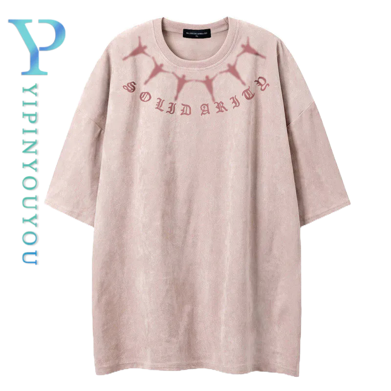 Yipinyouyou เสื้อยืดหนังกลับ คุณภาพสูง คอจั๊มพ์ แขนห้าส่วน สีแอปริคอท สีชมพู สีดํา M-3XL