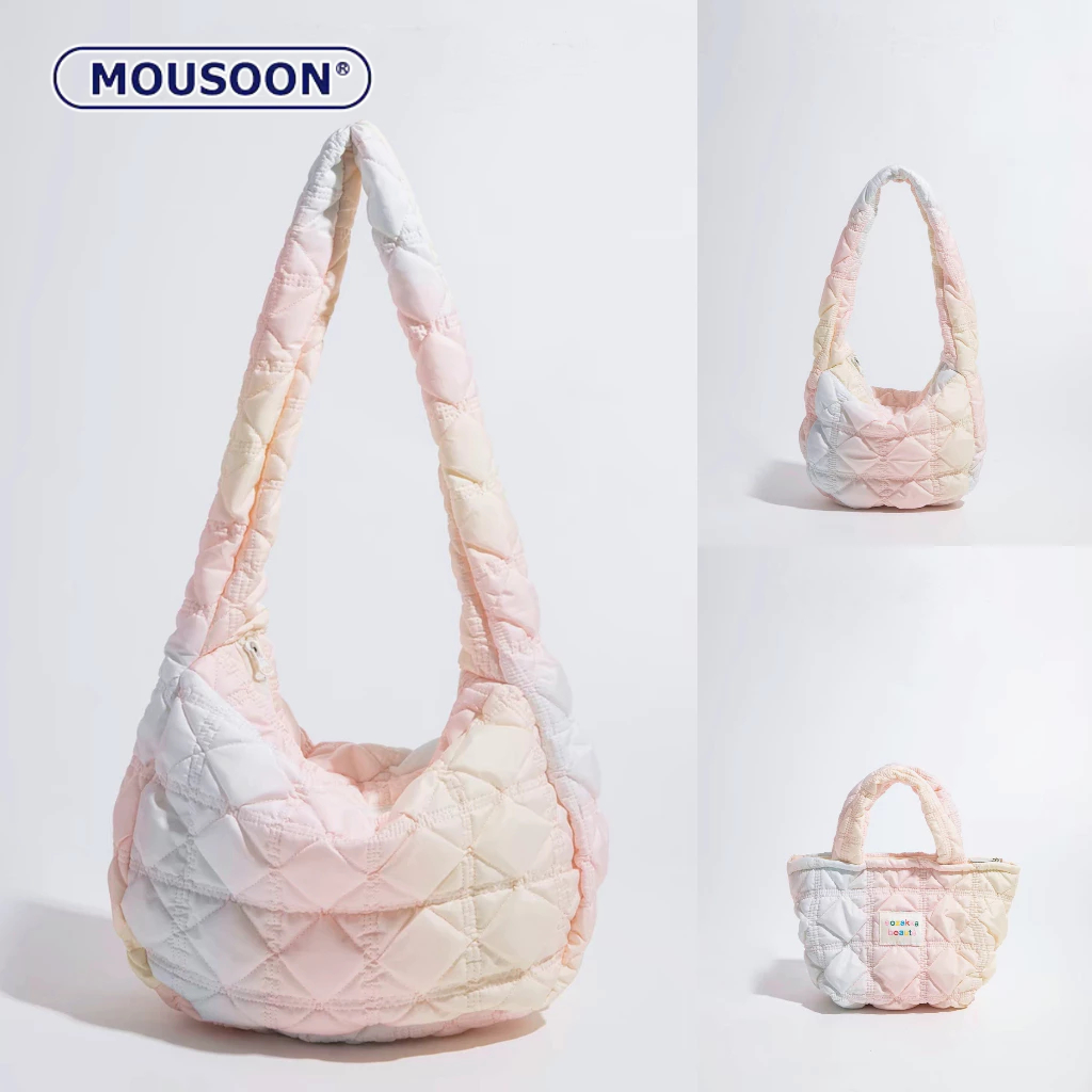 Mousoon กระเป๋าสตางค์ผู้หญิง Cloud Bubble Fold เวอร์ชั่นเกาหลีเข็มขัดสีขาว NS Tote Commuter สีสันความจุขนาดใหญ่กระเป๋าสะพายข้างไหล่ข้างเดียว