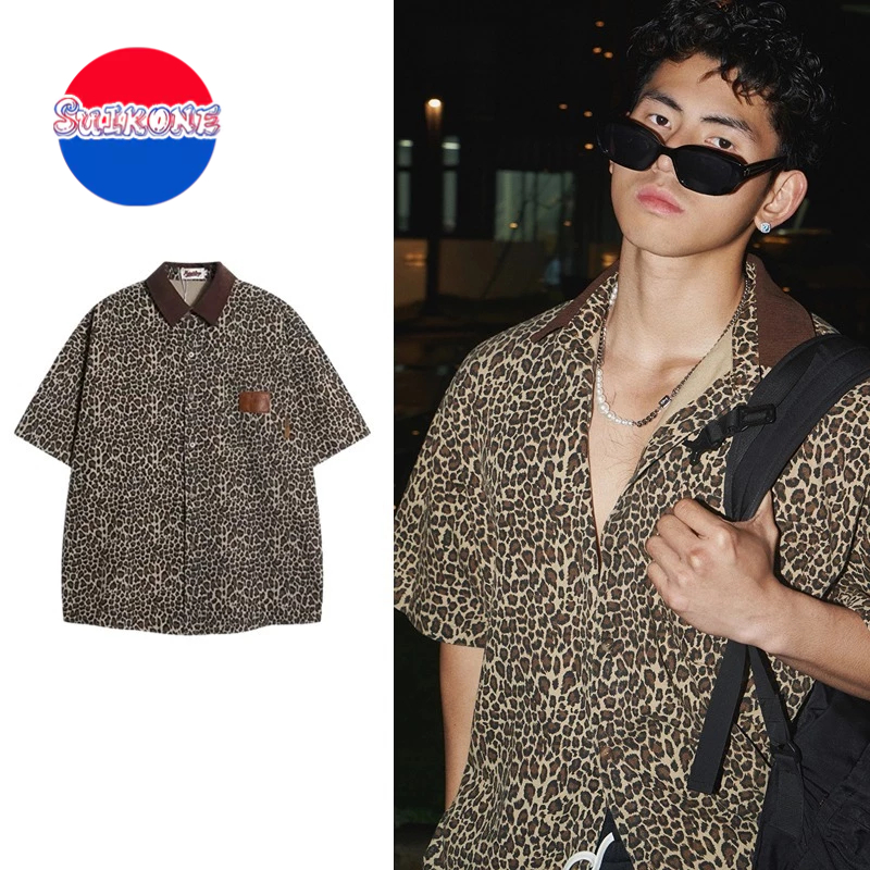 Suikone เสื้อเชิ้ต แขนสั้น พิมพ์ลายเสือดาว ทรงหลวม สไตล์อเมริกัน ฤดูร้อน ใหม่ เสื้อสตรีท