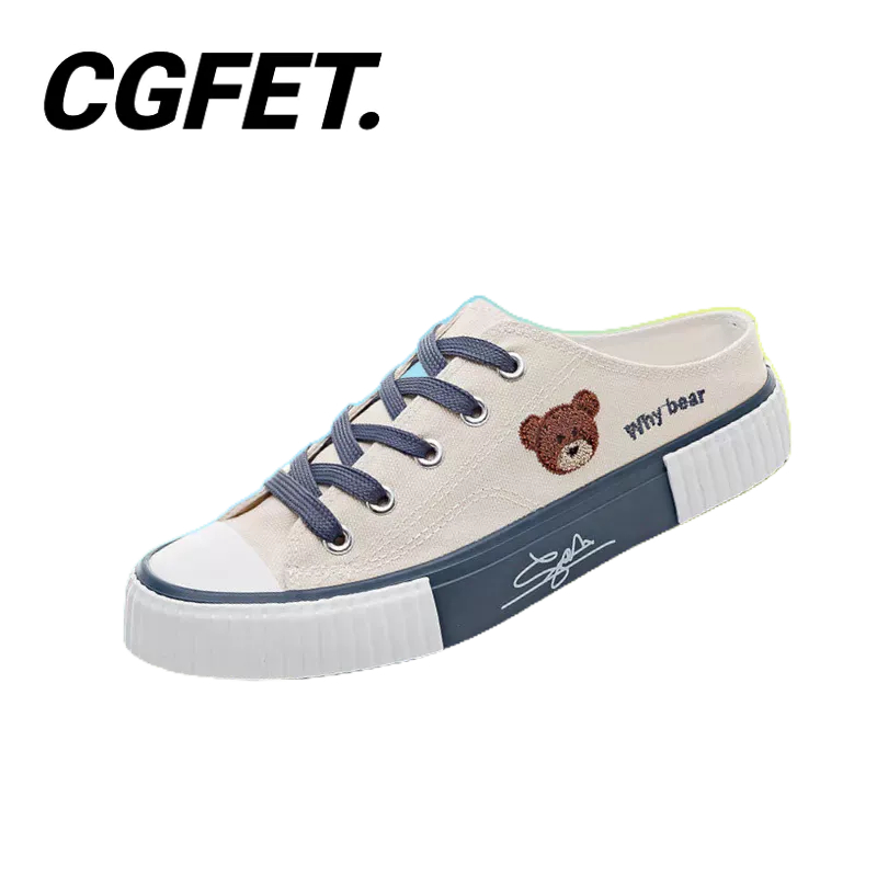 CGF.SNEAKERS.รองเท้าผ้าใบลําลอง พื้นแบน ข้อสั้น ลายหมีน้อย สไตล์เกาหลี สําหรับสตรี