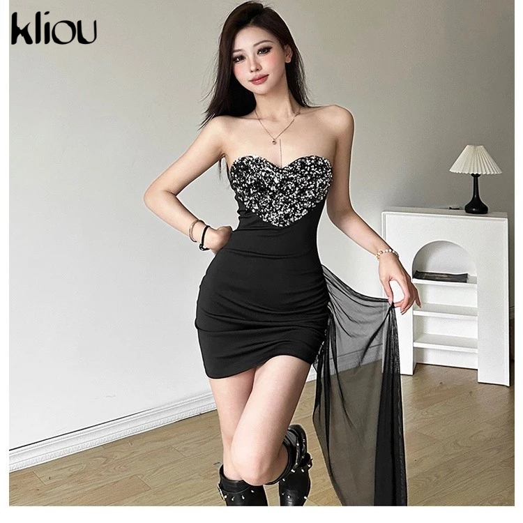 Kliou ชุดเดรสสั้น ปักเลื่อม รูปหัวใจ เซ็กซี่ สวยงาม สําหรับสตรี
