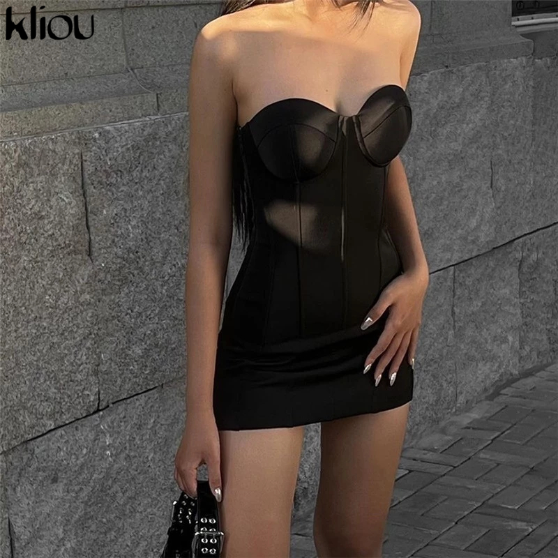 Kliou ชุดเดรสสั้น แขนกุด คอวี รัดรูป สีดํา เซ็กซี่ แฟชั่นสําหรับผู้หญิง