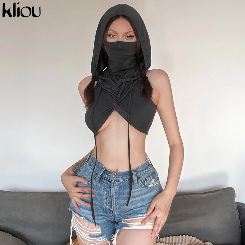 Kliou เสื้อครอปท็อปแขนกุดลําลอง มีฮู้ด แบบเข้ารูป สไตล์ยุโรป แฟชั่นสําหรับสตรี