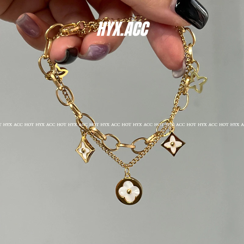 สร ้ อยข ้ อมือสตรี Casual Four-Leaf Clover Chain สร ้ อยข ้ อมือสแตนเลส Double-Layer สร ้ อยข ้ อมือ