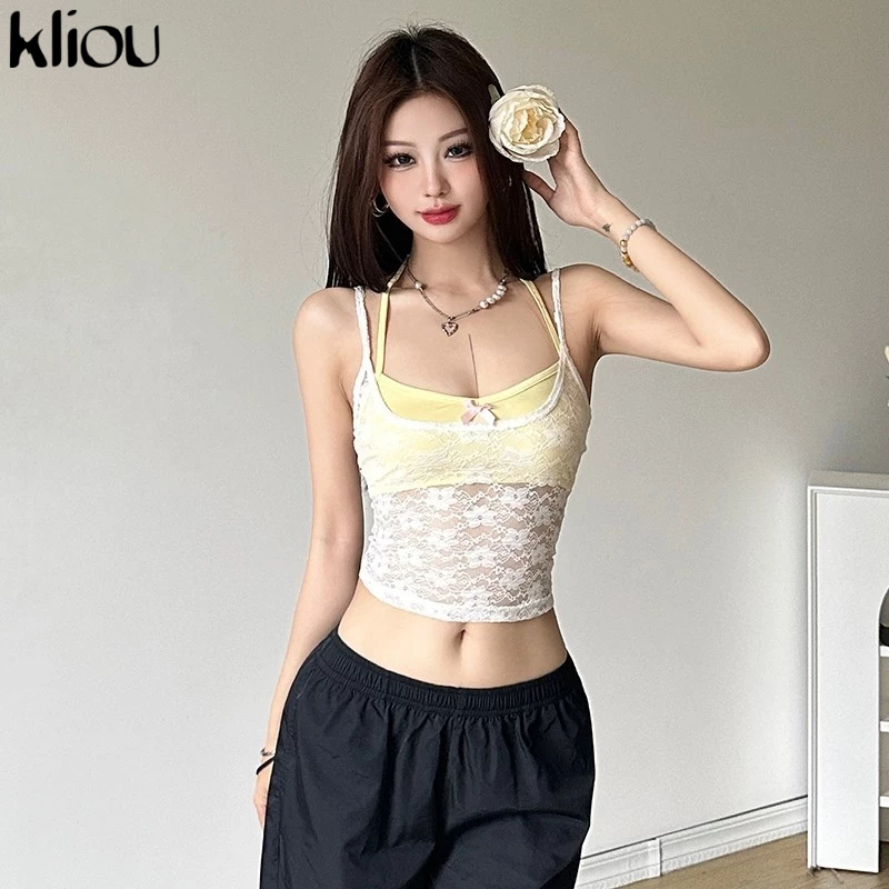 Kliou Elegant Casual สองชิ้นชุด Halter Bowknot Solid Frenulum ดูผ่าน Backless อเนกประสงค์ฤดูร้อนบรรยากาศแฟชั่น Lady 2024 ร้อนใหม่