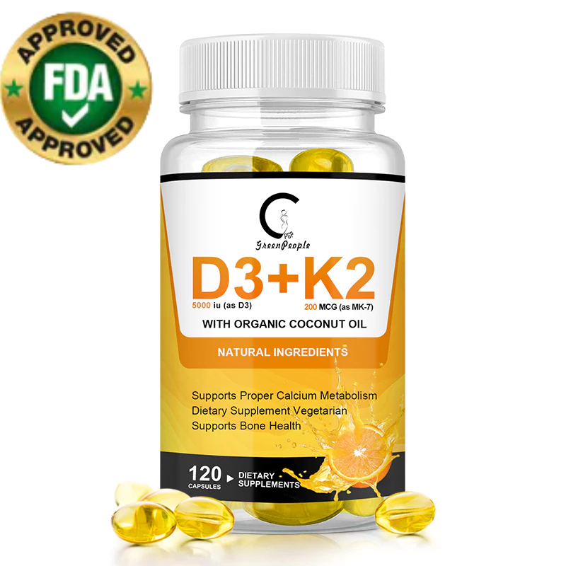 Gpgp D3+K2 120Capsules,5000 IU วิตามิน D3 และ 200 mcg วิตามิน K2,กล้ามเนื้อ,Heart Health Support,immmune,Proper Calcium Absorption,ระเบียบสําหรับผู้ชายและผู้หญิง