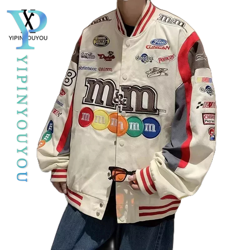 YIPINYOUYOU เสื้อแจ็คเก็ตผู้ชายแขนยาวแฟชั่นสไตล์ฮาราจูกุ MM เสื้อแจ็คเก็ตแขนยาวถั่วใส่ได้ทั้งชายและหญิง