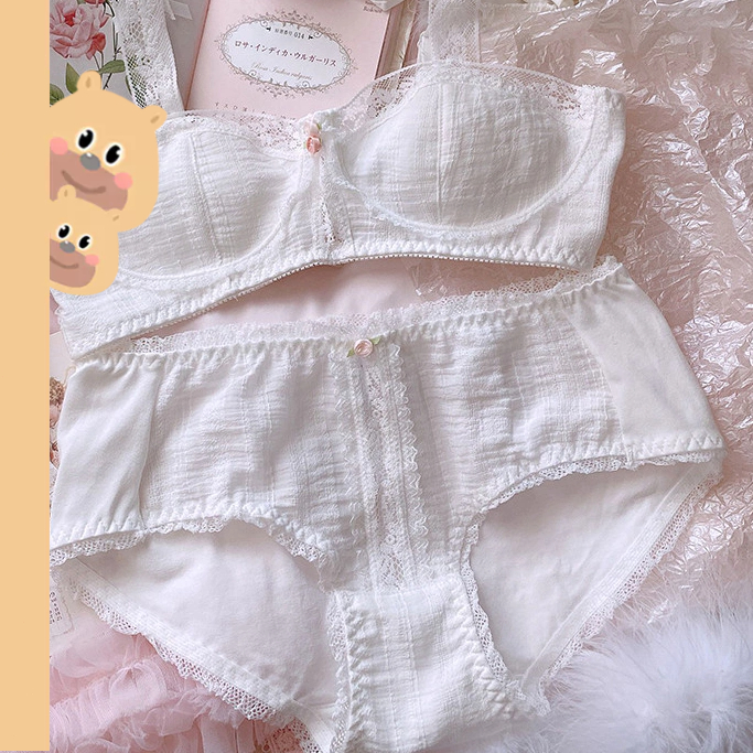 bearbra Bra สไตล์ฝรั่งเศสบางผ้าฝ้ายสีขาวลูกไม้ชุดยกทรงวินเทจ