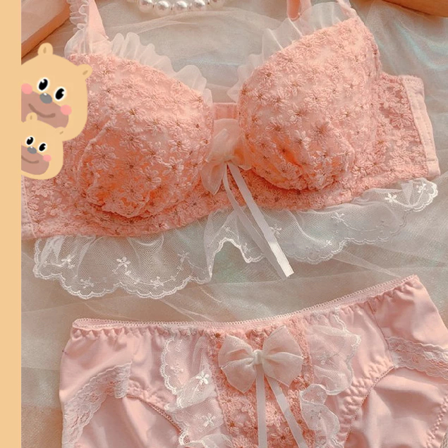 bearbra สาวหวานปักชุดชั้นในลายดอกไม้สามมิติชุดชั้นในถ้วยบาง