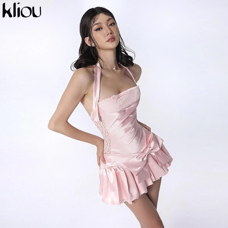 Kliou Casual Elegant Mini Dresses Halter Off แขน Skinny Solid Bowknot จีบอเนกประสงค์อาวุโสออกแบบแฟชั่น Hot Chick Summertime Lady 2024 ร้อนใหม่