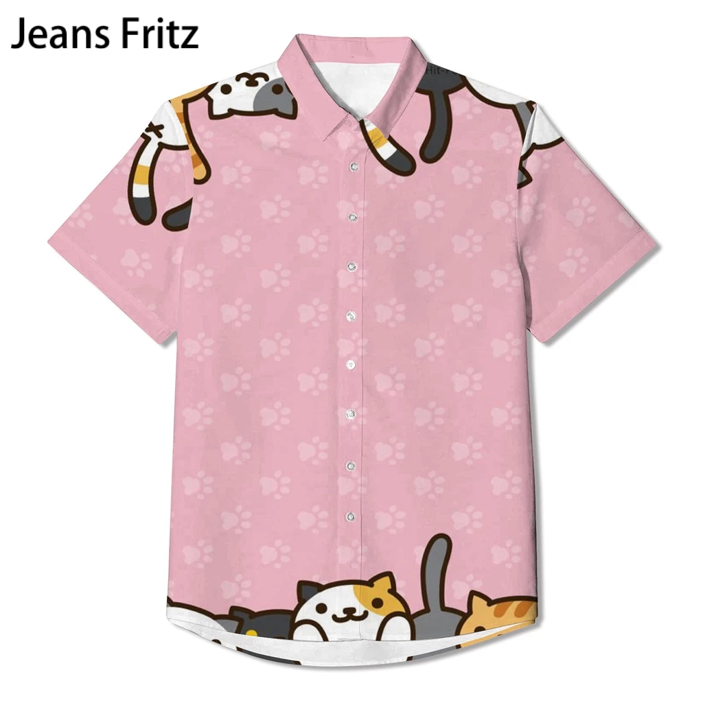 เสื้อเชิ้ตแขนสั้น พิมพ์ลายแมว 3 มิติ แฟชั่นฤดูร้อน