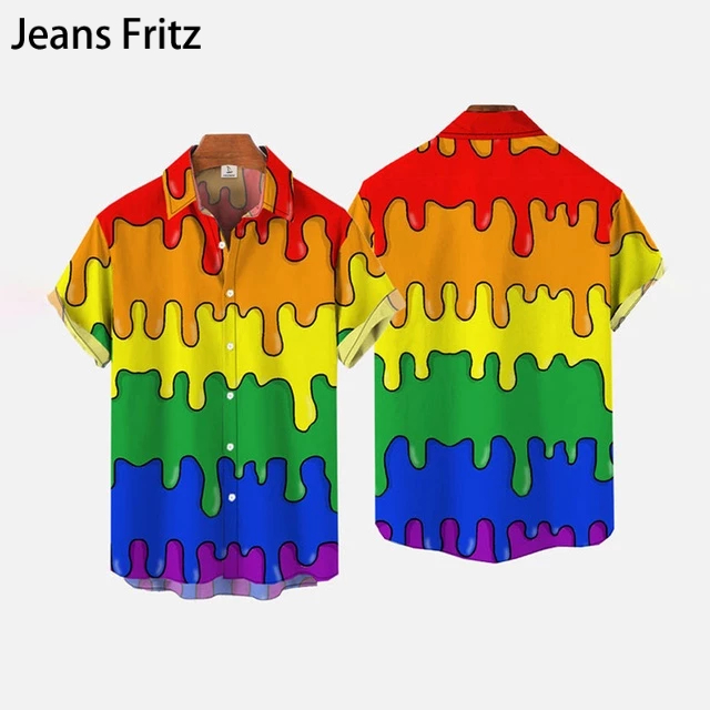 เสื้อเชิ้ตแขนสั้นลําลอง แต่งหัวเข็มขัด ลายท้องฟ้ากลางคืน สีรุ้ง สไตล์ฮิปฮอป พังก์ร็อค สําหรับผู้ชาย 2023