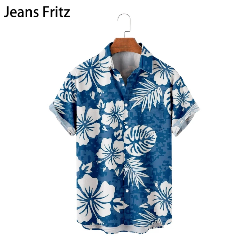 เสื้อเชิ้ตฮาวาย แขนสั้น พิมพ์ลายดอกไม้เขตร้อน ใบปาล์ม สีฟ้า สําหรับผู้ชาย